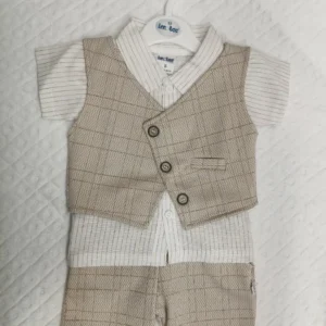 Beige checkered baby boy outfit set with striped shirt, buttoned vest, and matching shorts